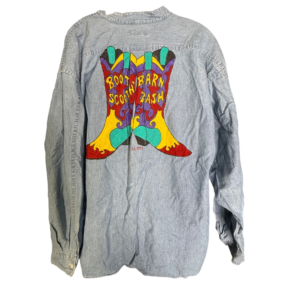 Banana Republic Vintage 90s Hand Painted Boot Barn Denim Shirt XL Light Wash
